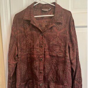 Chico’s Shirt Jacket Size 3 Red Tapestry Vintage Button Pattern